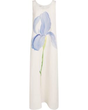 Lafayette 148 New York Silk-Linen Iris Print Maxi Dress - White