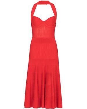 Balmain Halterneck Pleated Knit Midi Dress - Red