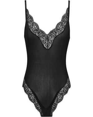 Saint Laurent Silk Lace-Trim Bodysuit - Black