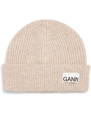 Ganni Wool-Blend Light Structured Rib Knit Beanie - Natural