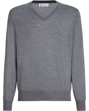 Brunello Cucinelli Cashmere-Silk V-Neck Jumper - Grey