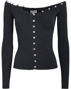 STAUD Wool-Blend Off-The-Shoulder Keaton Cardigan - Blue