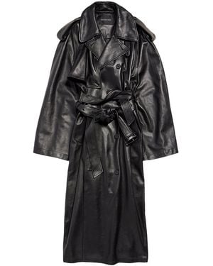 Balenciaga Leather Double-Belt Trench Coat - Black