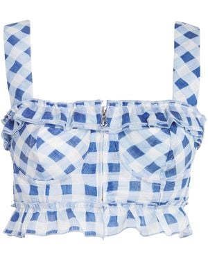 Sandro Linen-Blend Gingham Crop Top - Blue