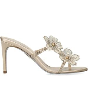 Rene Caovilla Satin Floral Heeled Sandals 80 - Metallic