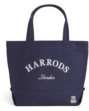 Harrods Small Cotton Embroidered Logo Tote Bag - Blue