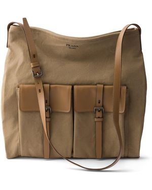 Prada Canvas And Leather Route Shoulder Bag - Natural