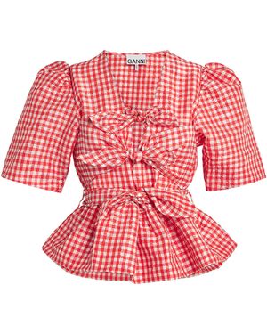 Ganni Taffeta Check Bow-Tie Blouse - Red