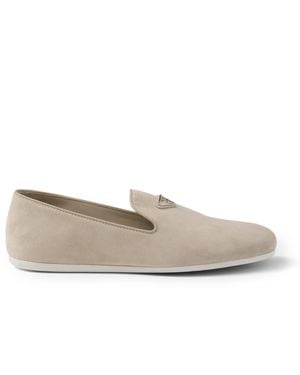 Prada Suede Logo-Plate Loafers - Grey