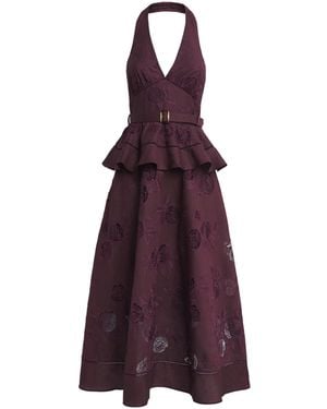 Self-Portrait Linen-Cotton Embroidered Midi Dress - Purple