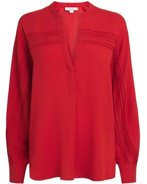 Vince Pintuck Satin Half-Placket Blouse - Red