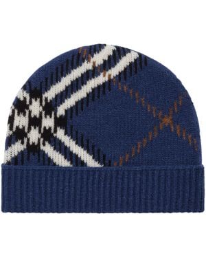 Burberry Cashmere-Blend Check Beanie - Blue