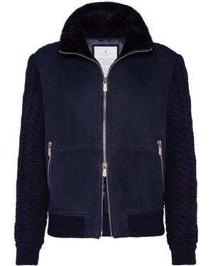 Brunello Cucinelli Suede Knit Insert Bomber Jacket - Blue