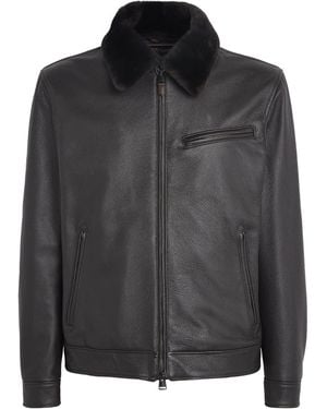 Canali Leather Fur-Collar Jacket - Black