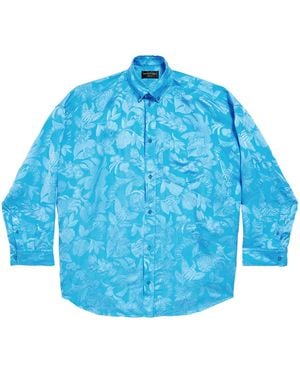 Balenciaga Floral-Jacquard Cocoon Long-Sleeve Shirt - Blue