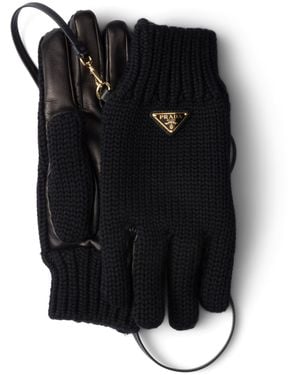 Prada Wool-Blend Leather-Trim Gloves - Black