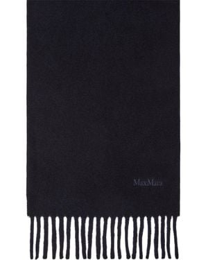 Max Mara Wool Fringed Logo Scarf - Blue