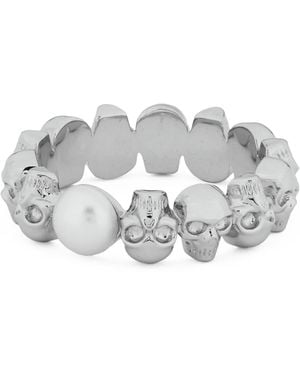 McQueen Palladium-Plated Skull And Pearl Ring - Grey
