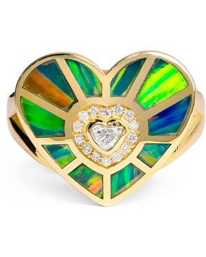 Jacquie Aiche Diamond And Opal Heart Ring - Green