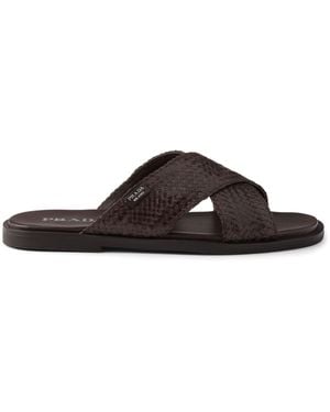Prada Leather Woven Crisscross Sandals - Brown