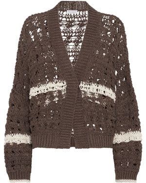 Brunello Cucinelli Jute-Cotton Crochet Net Cardigan - Brown