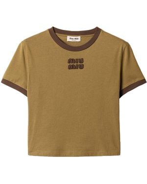 Miu Miu Cotton Jersey Logo T-Shirt - Natural