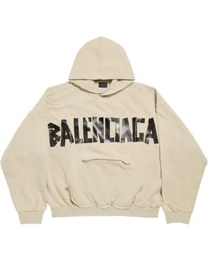 Balenciaga Cotton Distressed Tape Logo Hoodie - Natural