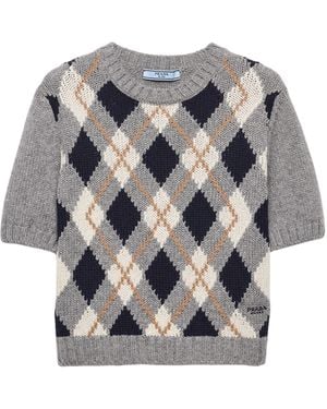 Prada Cashmere Argyle Short-Sleeve Sweater - Grey