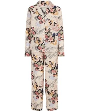 Desmond & Dempsey Organic Cotton Love Print Long Pyjamas - Natural