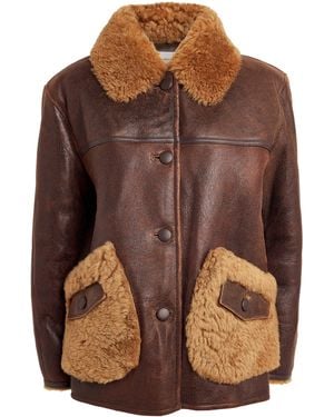 Claudie Pierlot Leather Shearling-Detail Aviator Jacket - Brown
