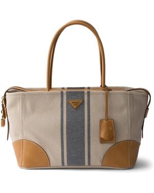 Prada Large Canvas And Leather Shopper Bag - Brown