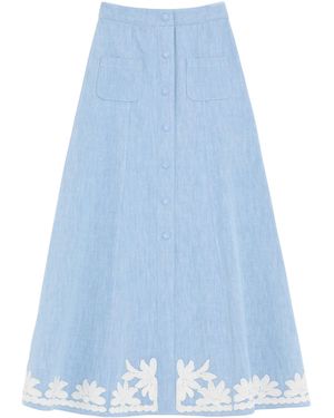 Valentino Embroidered Denim Midi Skirt - Blue