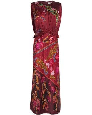 Saloni Satin Terrazzo Print Gwen Midi Dress - Red