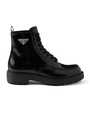 Prada Leather Logo-Plate Lace-Up Boots - Black