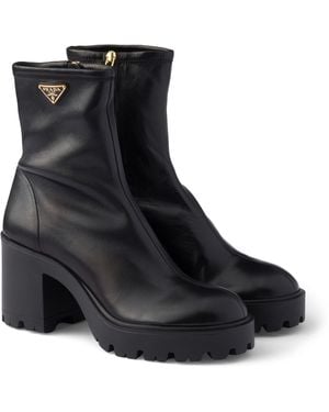 Prada Nappa Leather Logo Stretch Booties Ankle Boots 85 - Black