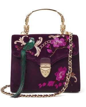 Aspinal of London Midi Velvet Floral Embroidered Mayfair Bag - Purple