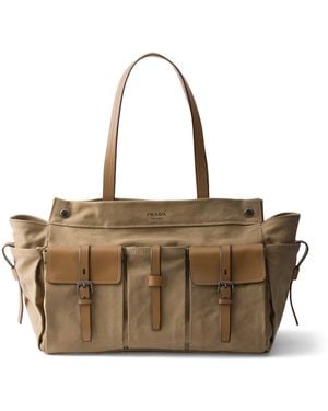 Prada Cotton-Leather Route Tote Bag - Brown