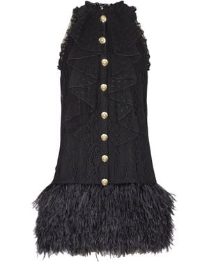 Balmain Cotton-Blend Lace And Feather Mini Dress - Black