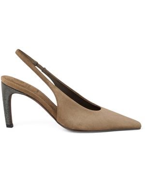 Brunello Cucinelli Suede City Slingback Heels 80 - Metallic