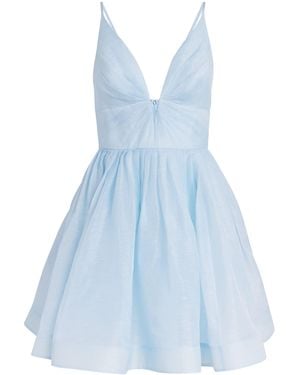 Zimmermann Linen-Silk Plunge-Neck Mini Dress - Blue