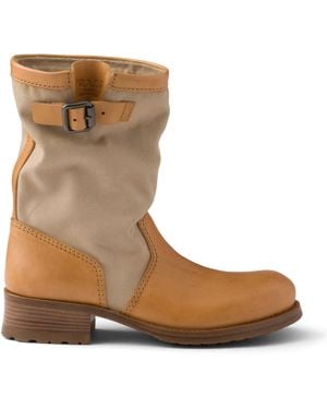 Prada Leather-Canvas Mid-Calf Boots 30 - Brown