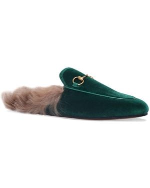 Gucci Velvet Fur Princetown Slippers - Green