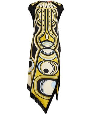 La DoubleJ Silk Fringe-Trim Printed Midi Dress - Metallic