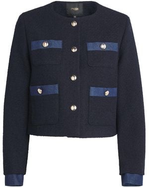 Maje Tweed Denim-Trim Jacket - Blue