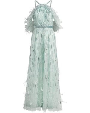 Pamella Roland Feather-Trim Embellished Gown - Green