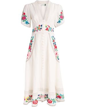RIXO London Linen-Blend Embroidered Novara Midi Dress - White