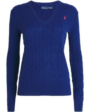 Polo Ralph Lauren Wool-Cashmere Cable-Knit V-Neck Slim Sweater - Blue
