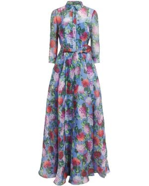 Carolina Herrera Silk Floral Maxi Shirt Dress - Blue