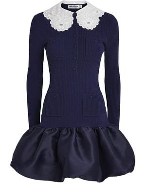 Self-Portrait Knitted Taffeta-Skirt Mini Dress - Blue