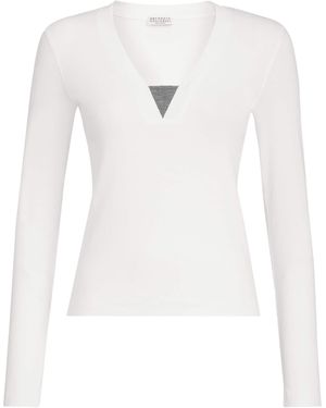 Brunello Cucinelli Monili Long-Sleeve V-Neck T-Shirt - White